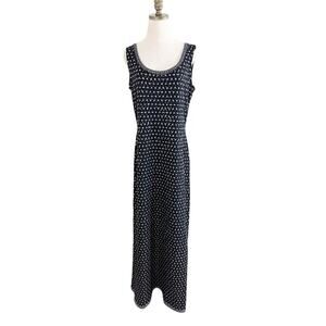 St. John Evening Black Star Print Knit Evening Dress Sz 12 Sleeveless Crew Neck